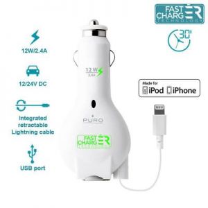 PURO Car Fast Charger - Ładowarka samochodowa Apple ze zwijanym kablem 2.4A złącze Lightning MFi (bi